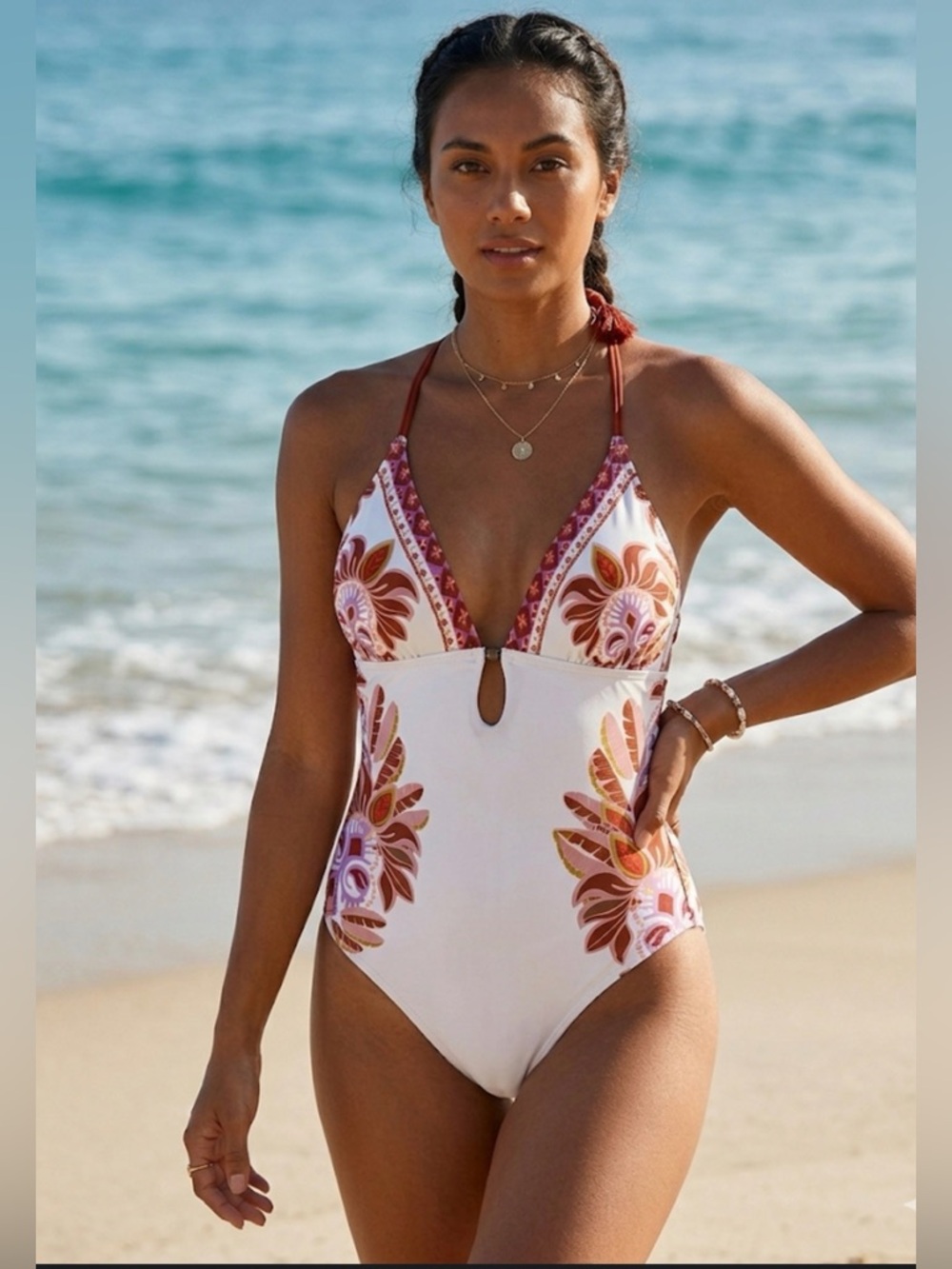 Cupshe Boho Floral One Piece Swimsuit Keyhole Tassel Size M boho/ tropical